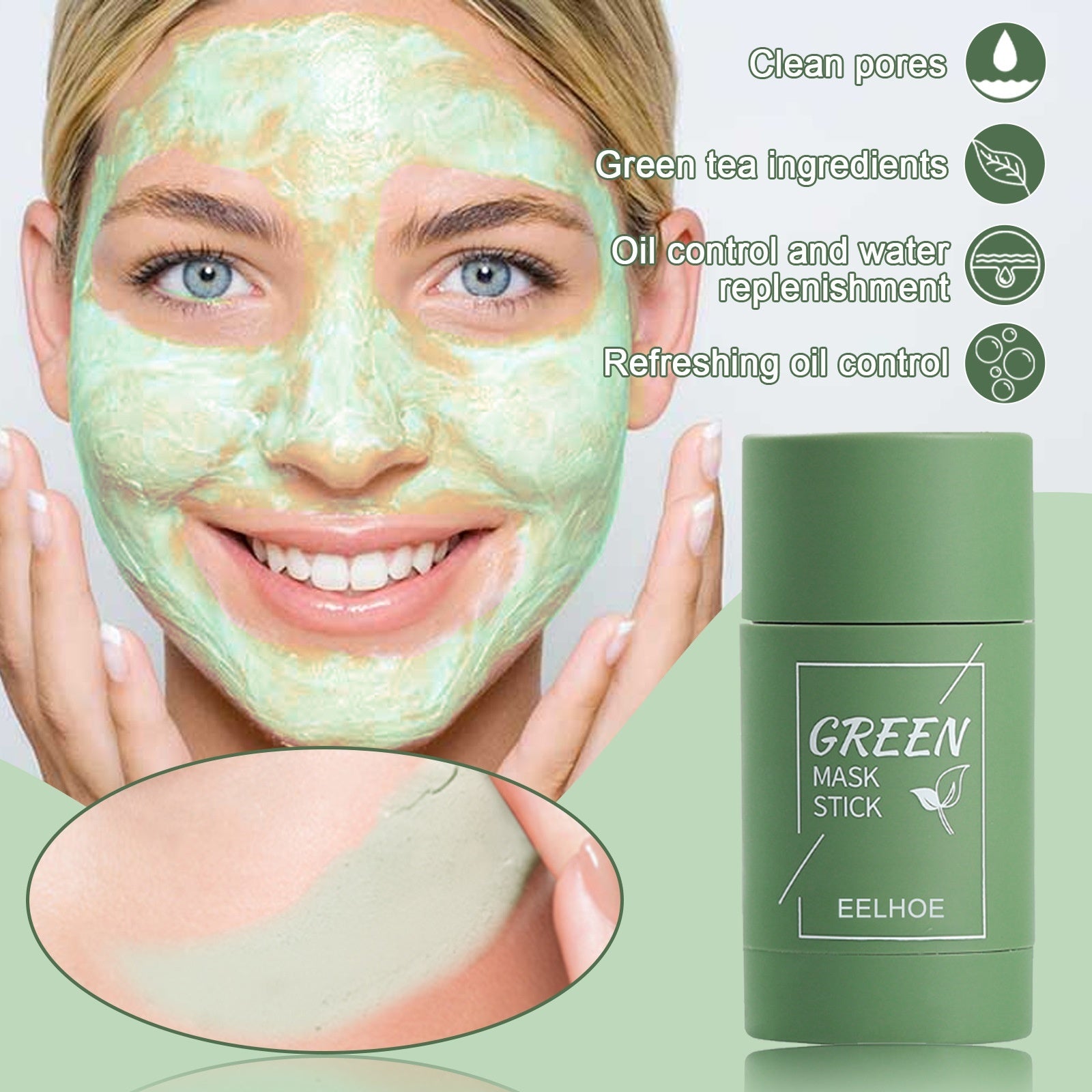 Woman applying green tea face mask with EELHOE green mask stick on a light green background